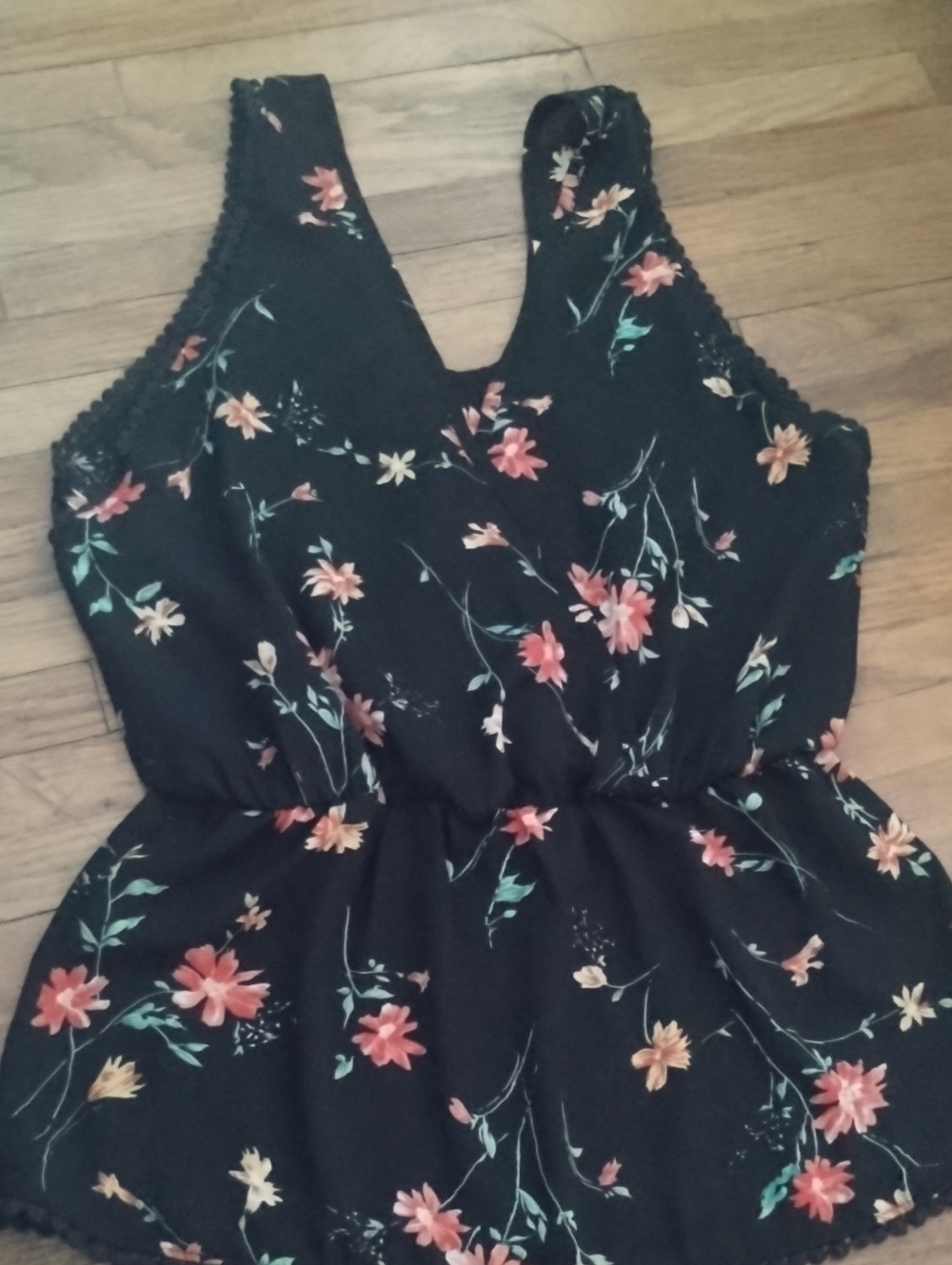 Sienna Sky Black Floral V-Neck Peplum Top with Yellow and Red Blooms